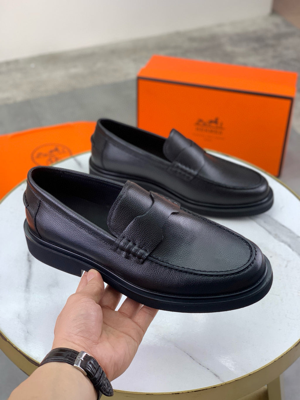 Hermes Group Series "Black" Grain Leather Men Penny Loafers