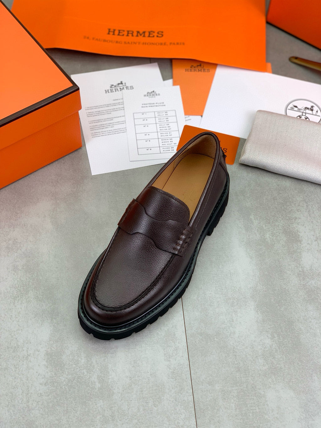Hermes Group Series "Black" Grain Leather Men Chunky Penny Loafers