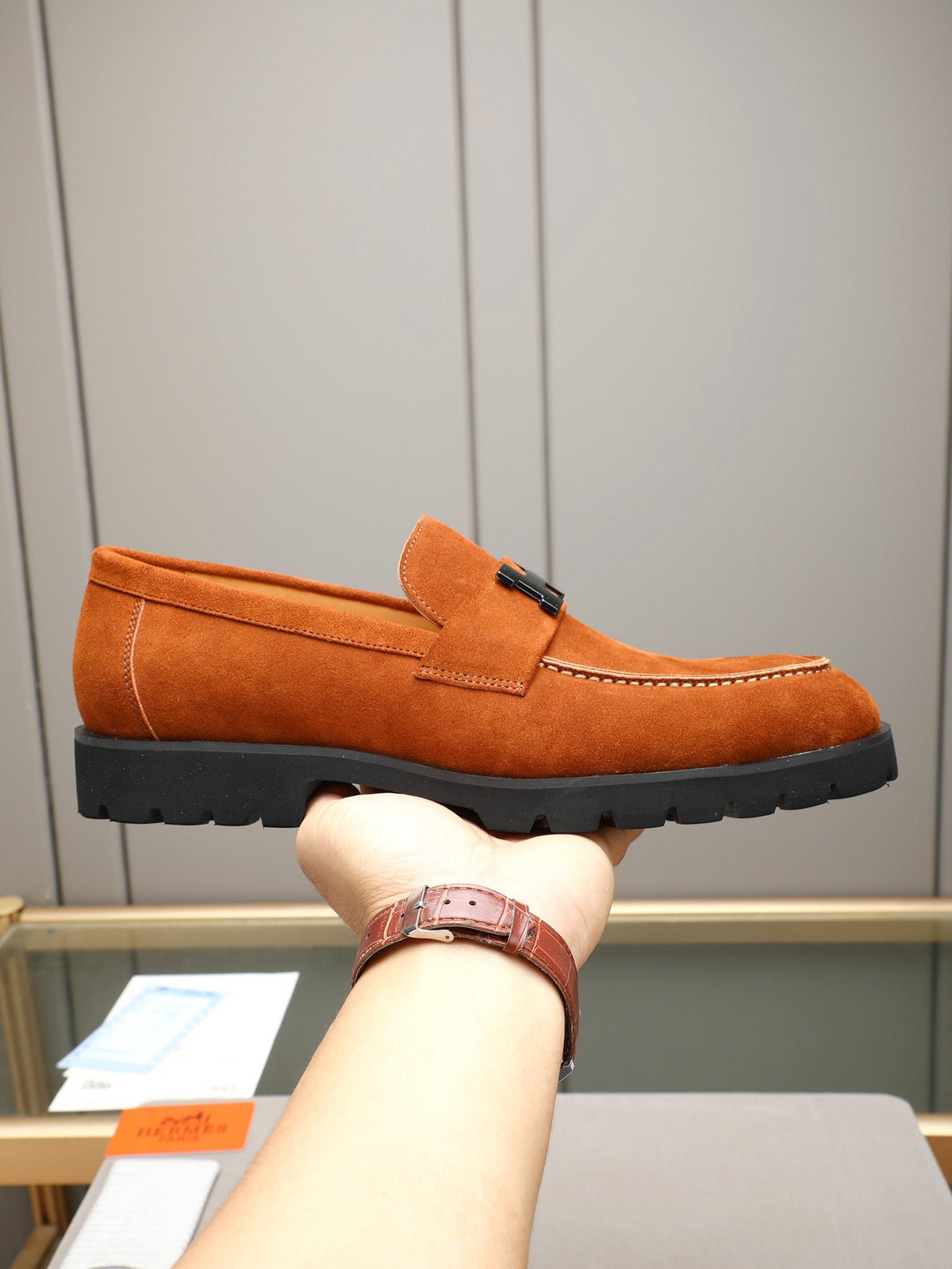 Hermès Trait Loafer "Cognac" Suede Leather Men Thick Sole Loafers