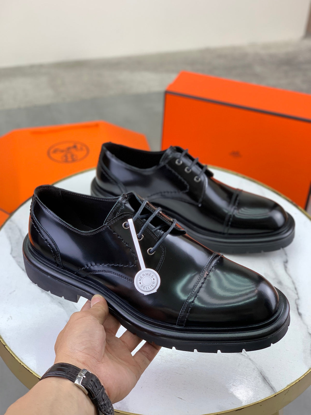 Hermes Group Series "Black" Patent Leather Cap Toe Men Derby Shoes