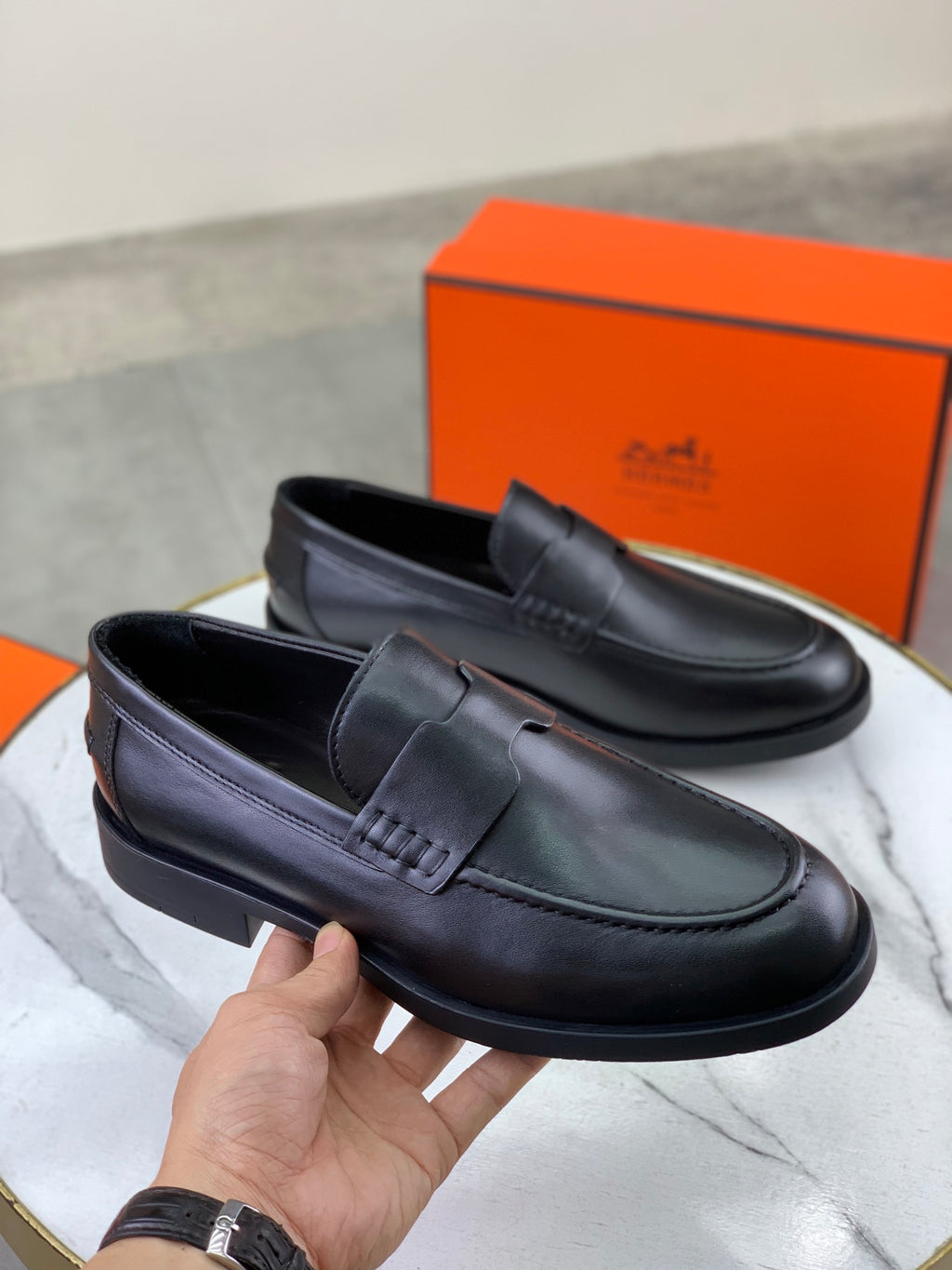 Hermes Group Series "Black" Smooth Calfskin Penny Men Loafers