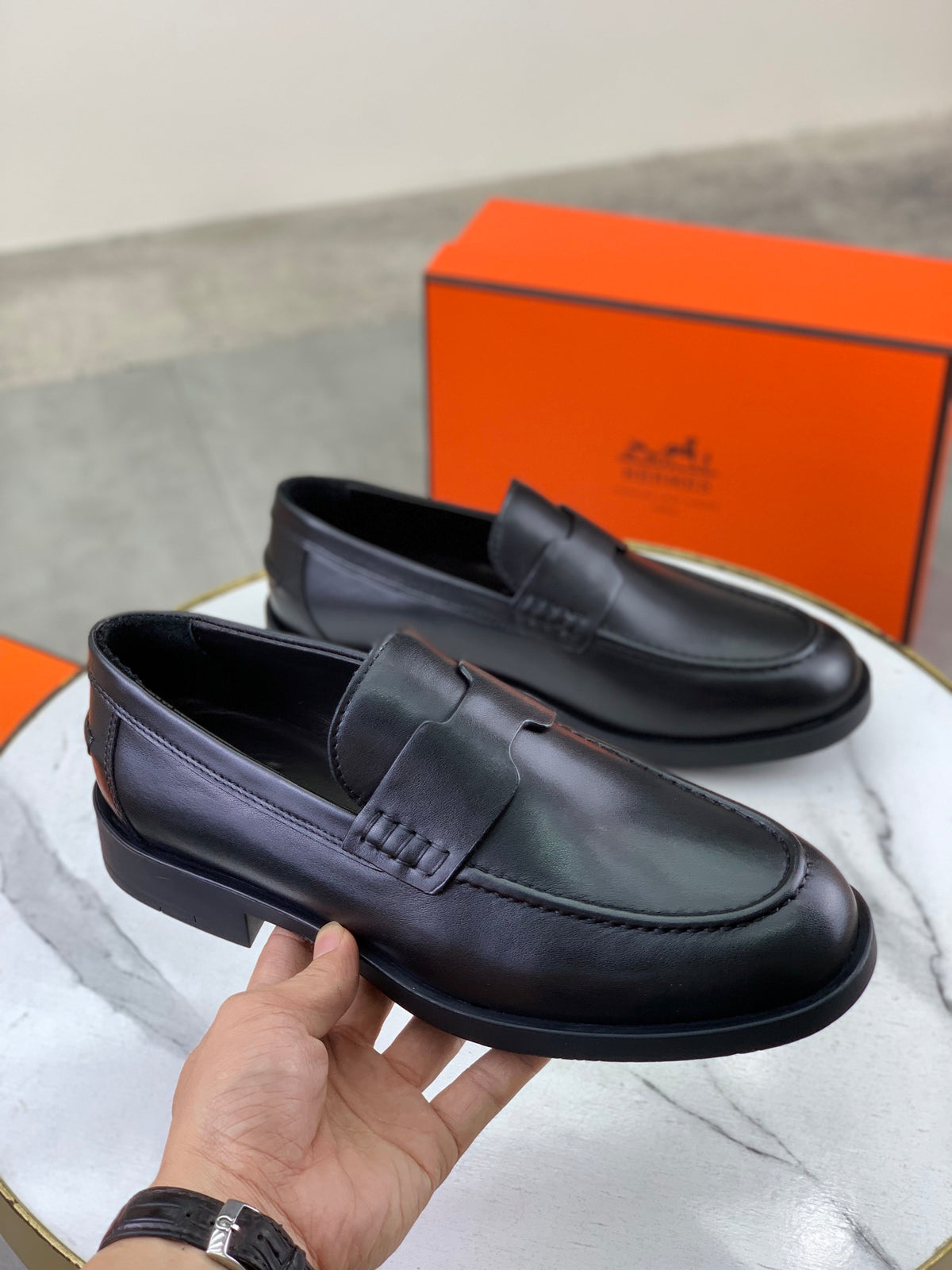 Hermes Group Series "Black" Smooth Calfskin Penny Men Loafers