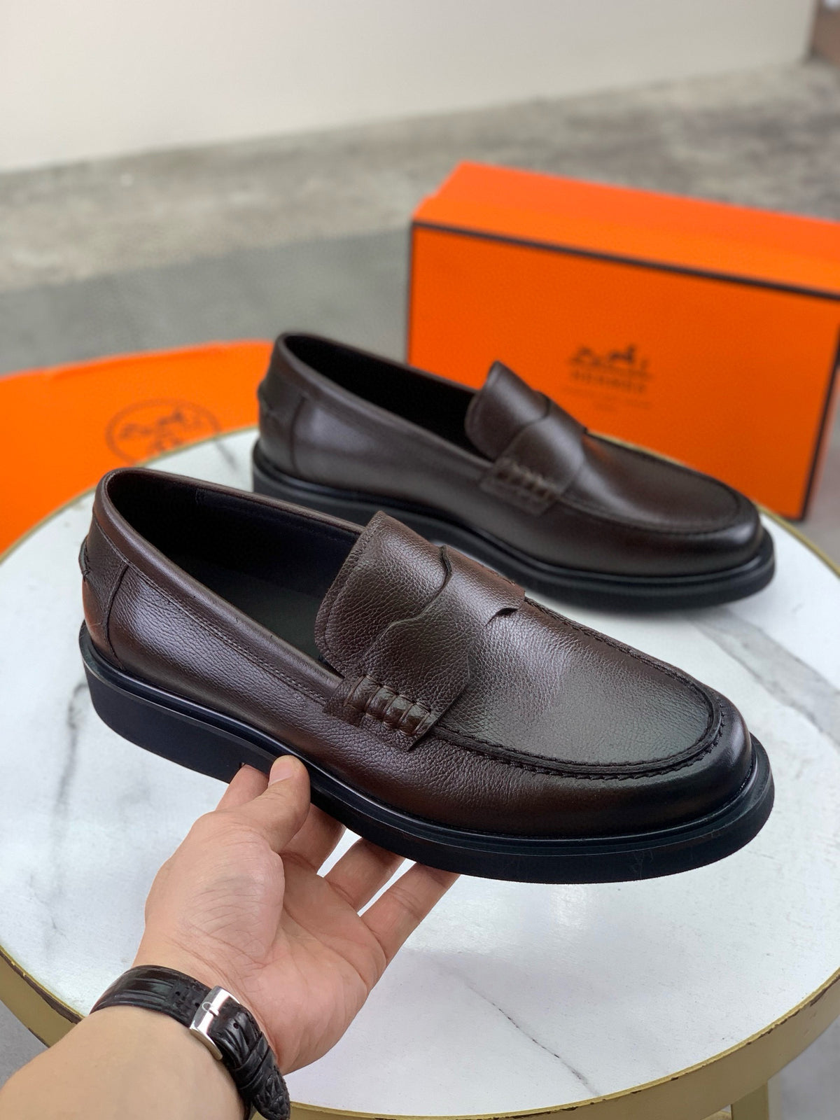 Hermes Group Series "Dark Brown" Grain Leather Men Penny Loafers