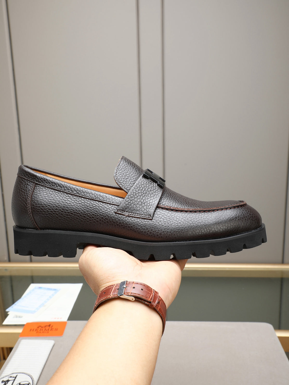 Hermès Trait Loafer "Dark Brown" Grain Leather Men Thick Sole Loafers