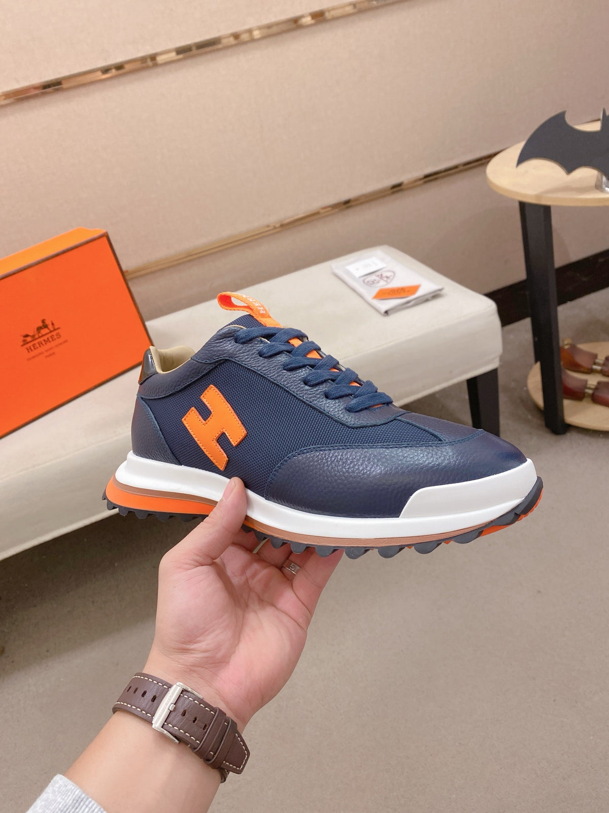 Hermès Trail Sneaker "Navy Blue" Leather Mesh Men Casual Sneakers