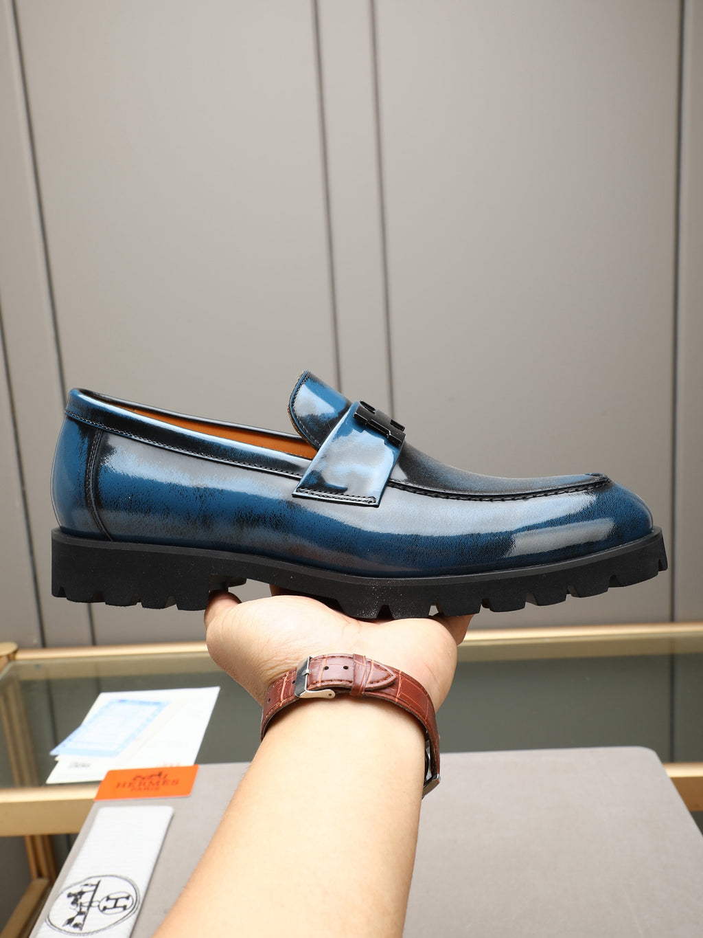 Hermès Trait Loafer "Dark Blue" Patent Leather Men Thick Sole Loafers
