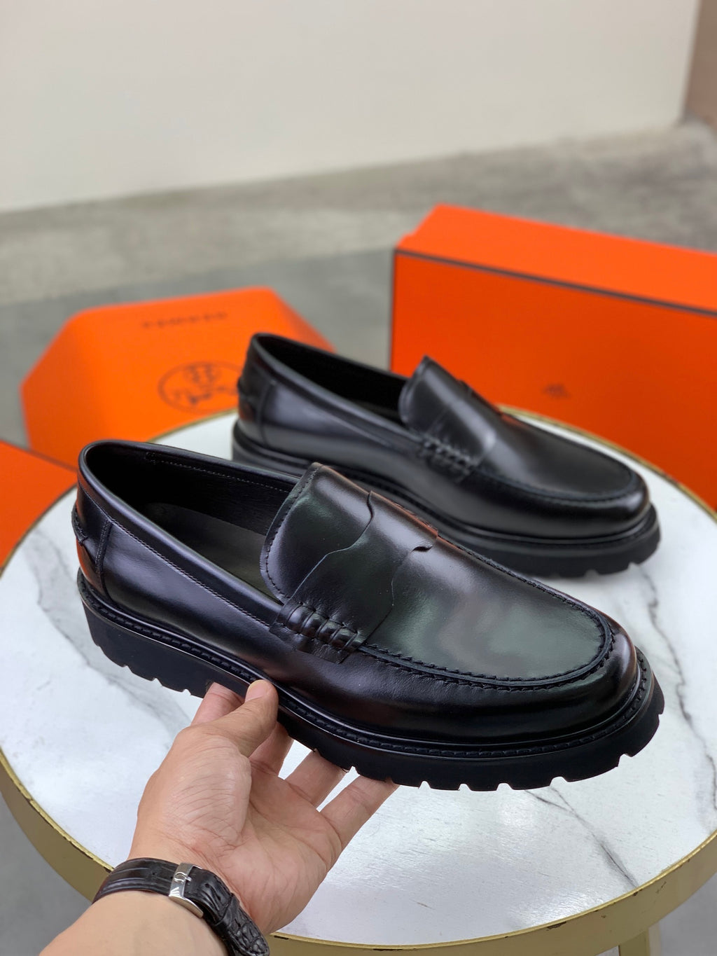 Hermes Group Series "Black" Smooth Leather Men Chunky Penny Loafers