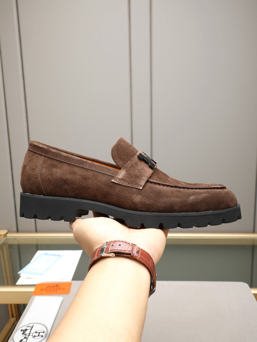 Hermès Trait Loafer "Brown" Suede Leather Men Thick Sole Loafers