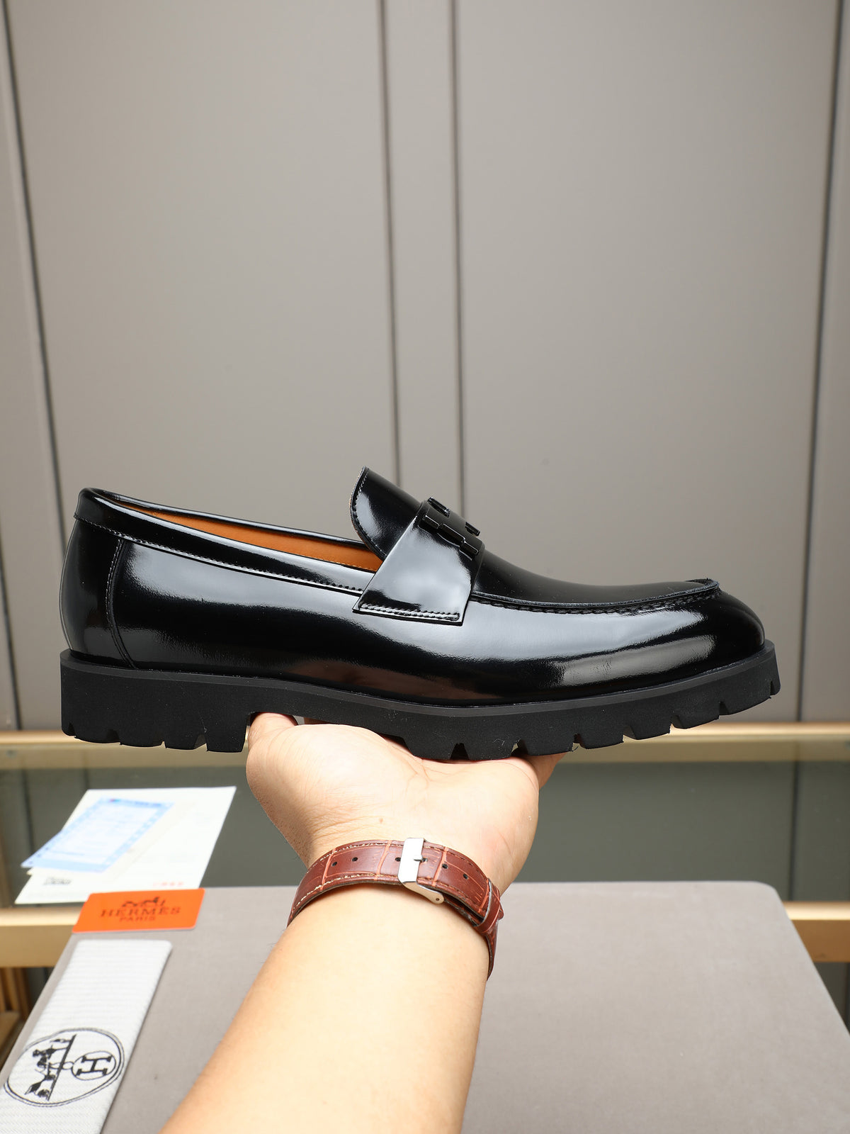 Hermes Group Series "Black" Patent Leather H Logo Thick Sole Men Loafers