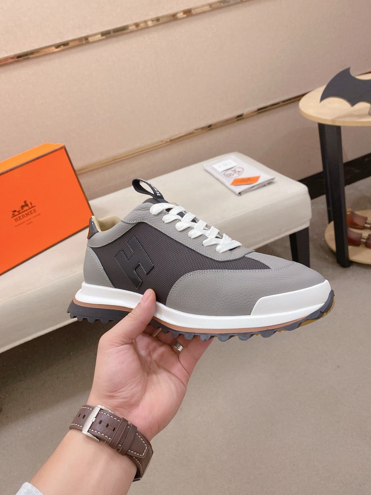 Hermès Trail Sneaker "Grey" Leather Mesh Men Casual Sneakers