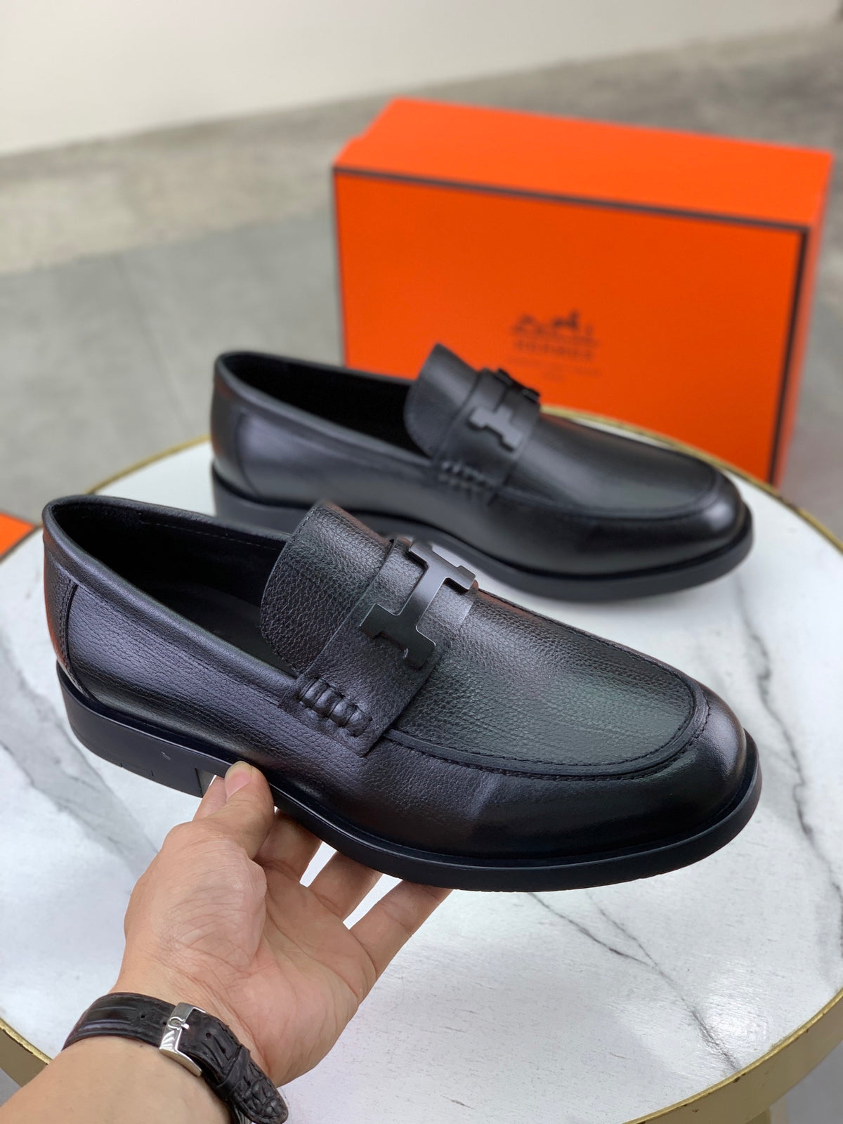 Hermes Group Series "Black" Grain Leather H Logo Men Loafers