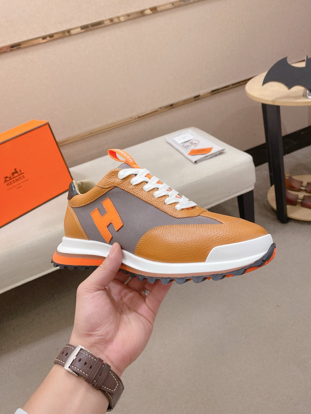 Hermès Trail Sneaker "Tan" Leather Mesh Men Casual Sneakers