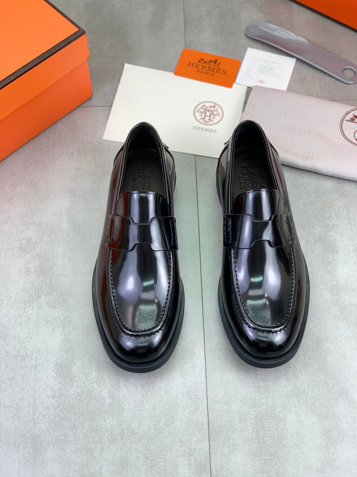 Hermes Group Series "Black" Patent Leather Penny Men Loafers