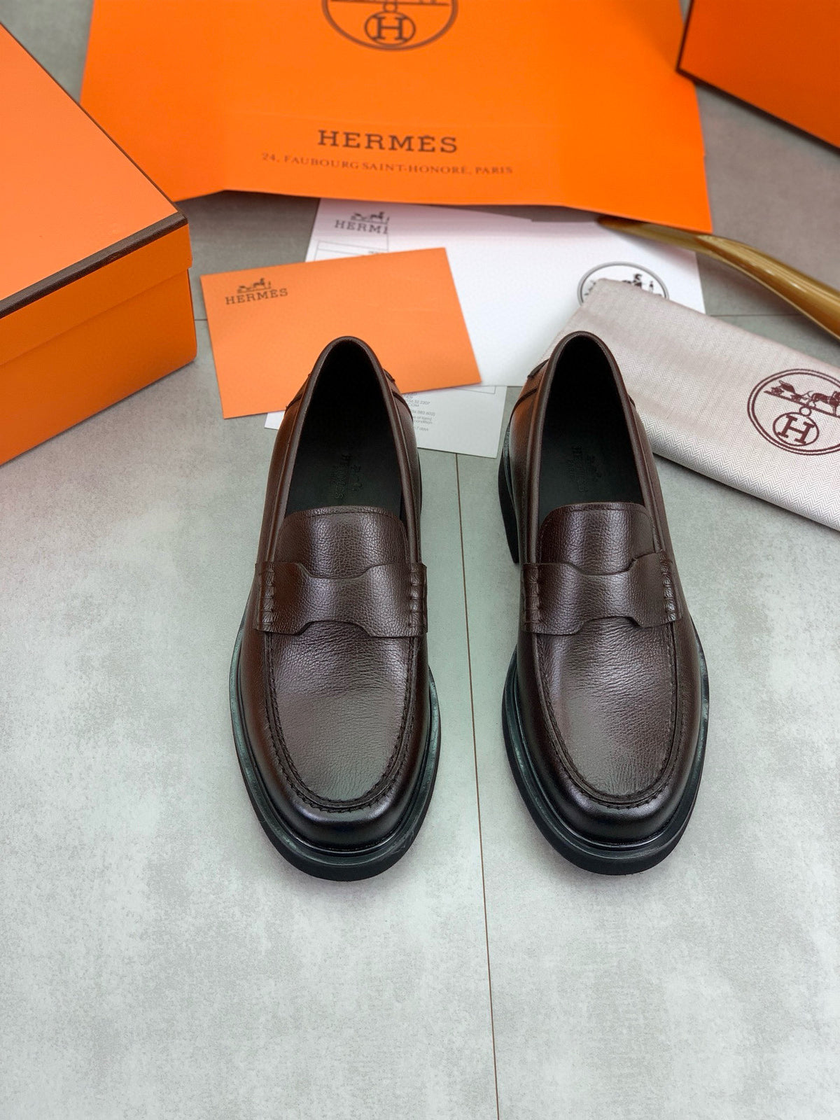 Hermes Group Series "Dark Brown" Grain Leather Men Penny Loafers