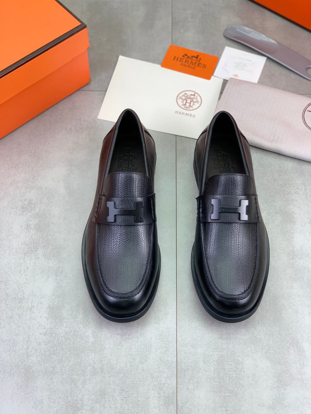 Hermes Group Series "Black" Grain Leather H Logo Men Loafers