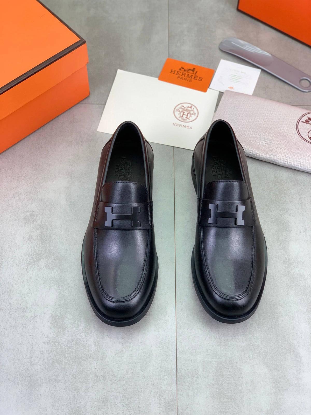 Hermes Group Series "Black" Smooth Leather H Logo Men Loafers