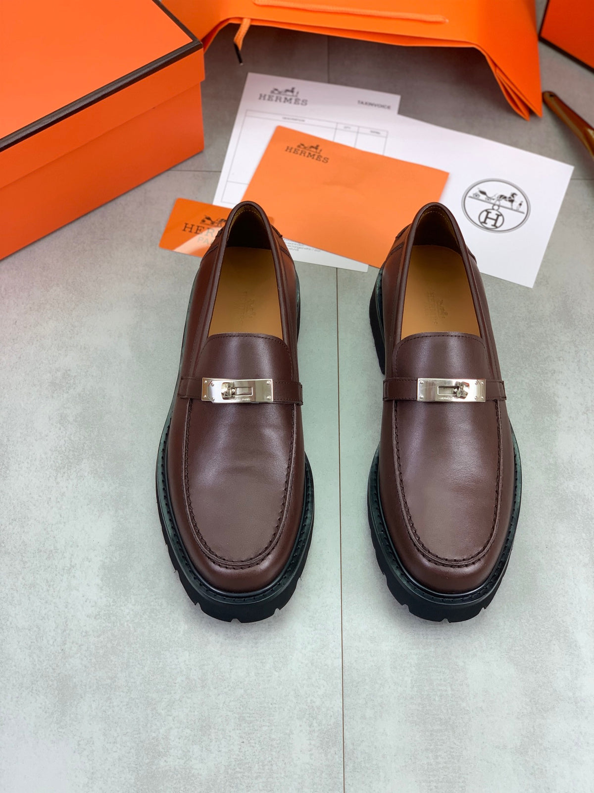 Hermes Group Series "Brown" Calfskin Kelly Buckle Men Chunky Loafers
