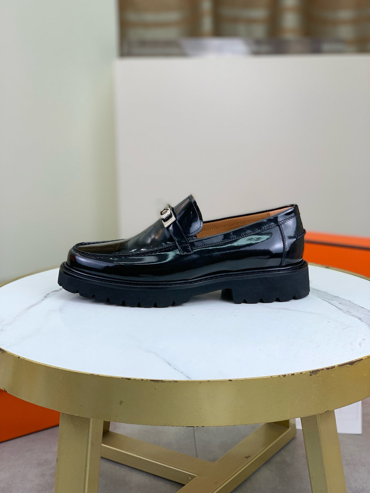 Hermes Group Series "Black" Patent Leather Kelly Buckle Men Chunky Loafers