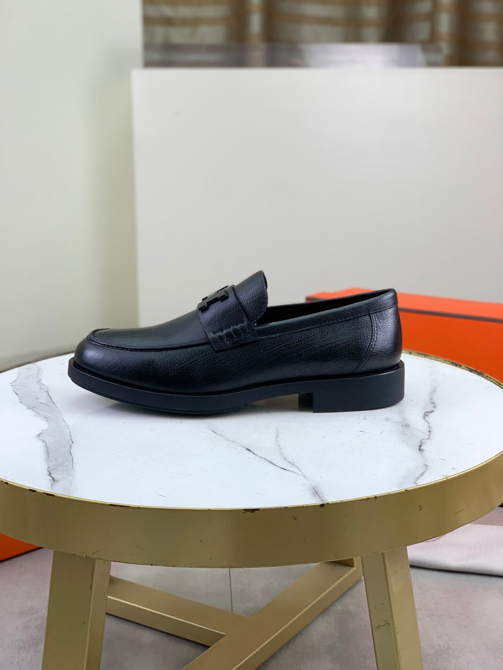 Hermes Group Series "Black" Grain Leather H Logo Men Loafers