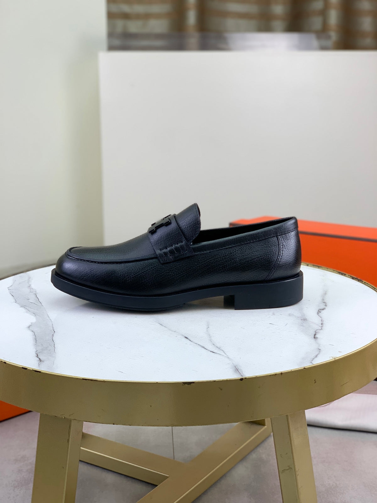 Hermes Group Series "Black" Grain Leather H Logo Men Loafers
